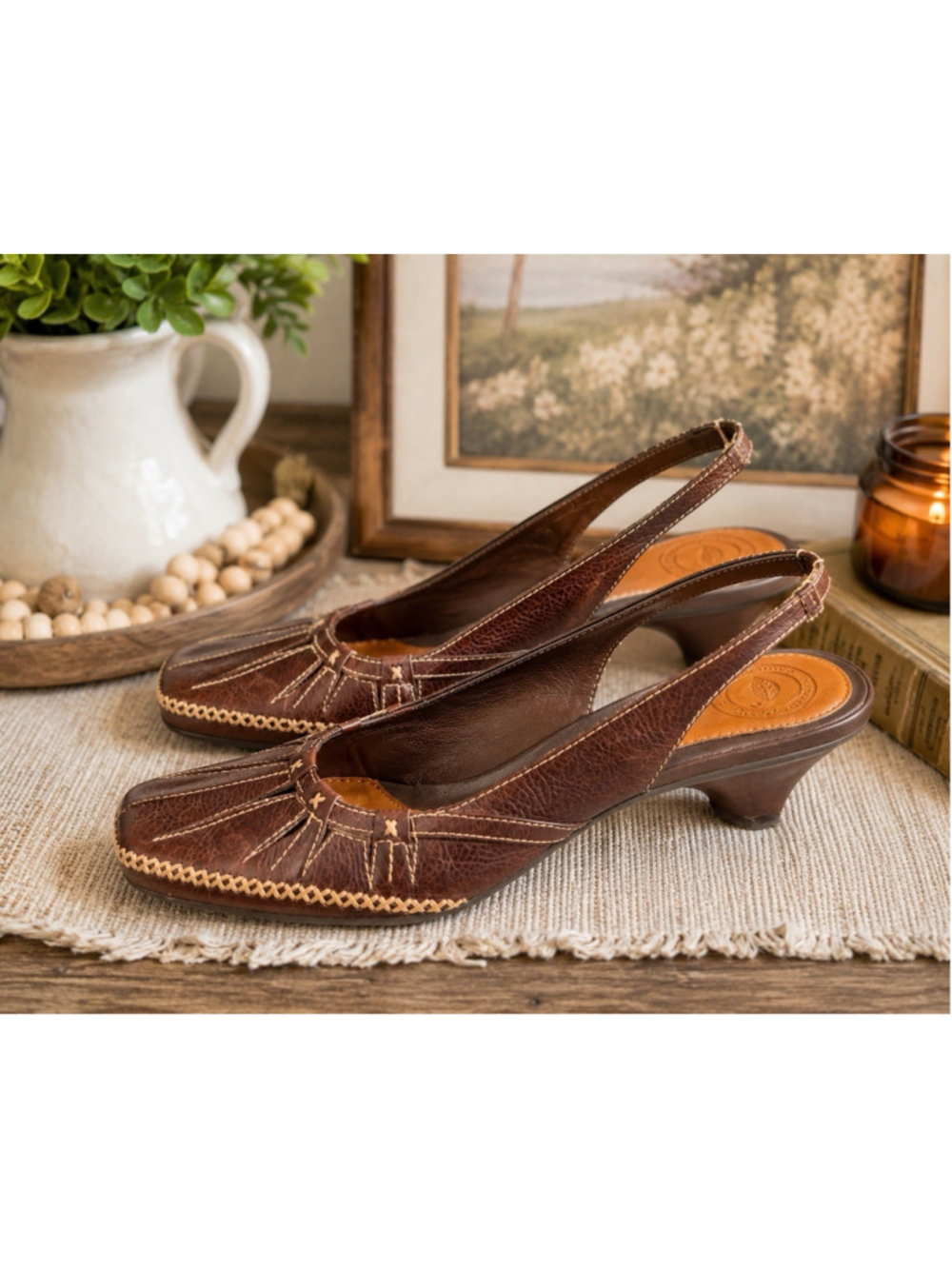 Born Brown Leather Slingback Heels Womens Size 7.5